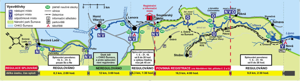 Mapka toku řeky Vltavy s vyznačenými informacemi o pravidlech splouvání jednotlivých úseků.