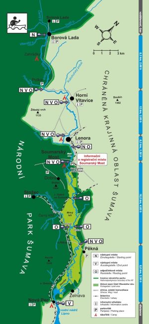 Vodácká mapka toku řeky Vltavy s informacemi o vzdálenosti a čase splouvání jednotlivých úseků.